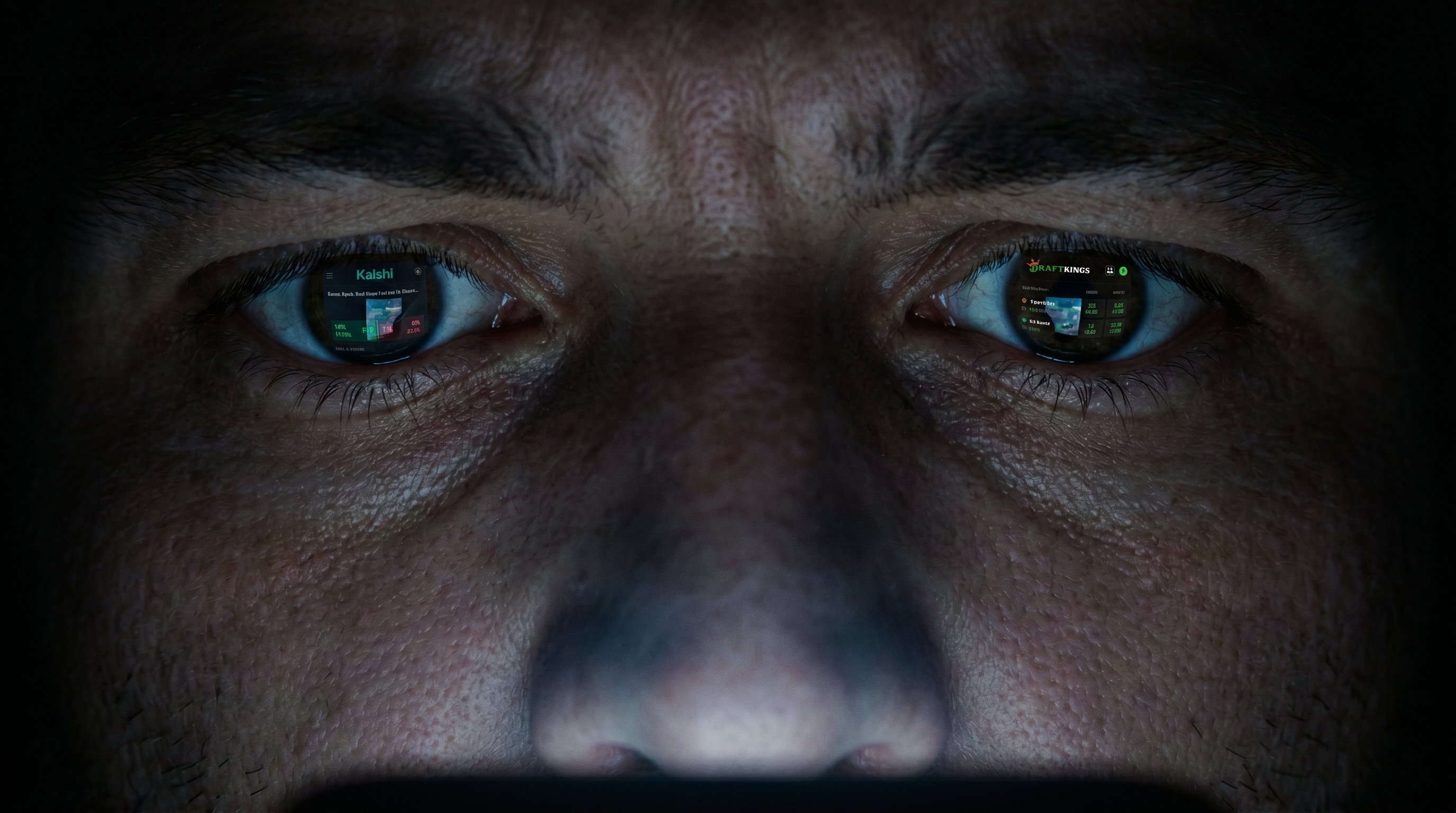 Extreme close-up of a man's eyes. Kalshi and DraftKings betting interfaces are reflected in his irises.